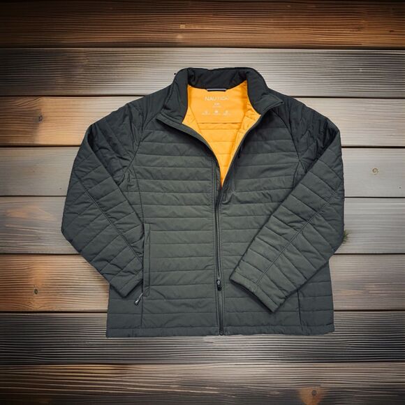 Nautica Mens XL Jacket Gray Yellow Full Zip Inner Pockets Wind Water Resistant - Picture 1 of 10